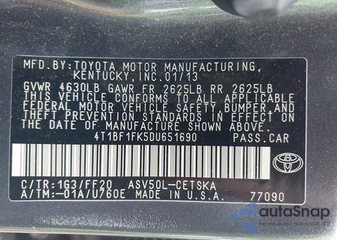 2013 Toyota Camry Se z USA, uszkodzony, nr VIN 4T1BF1FK5DU651690